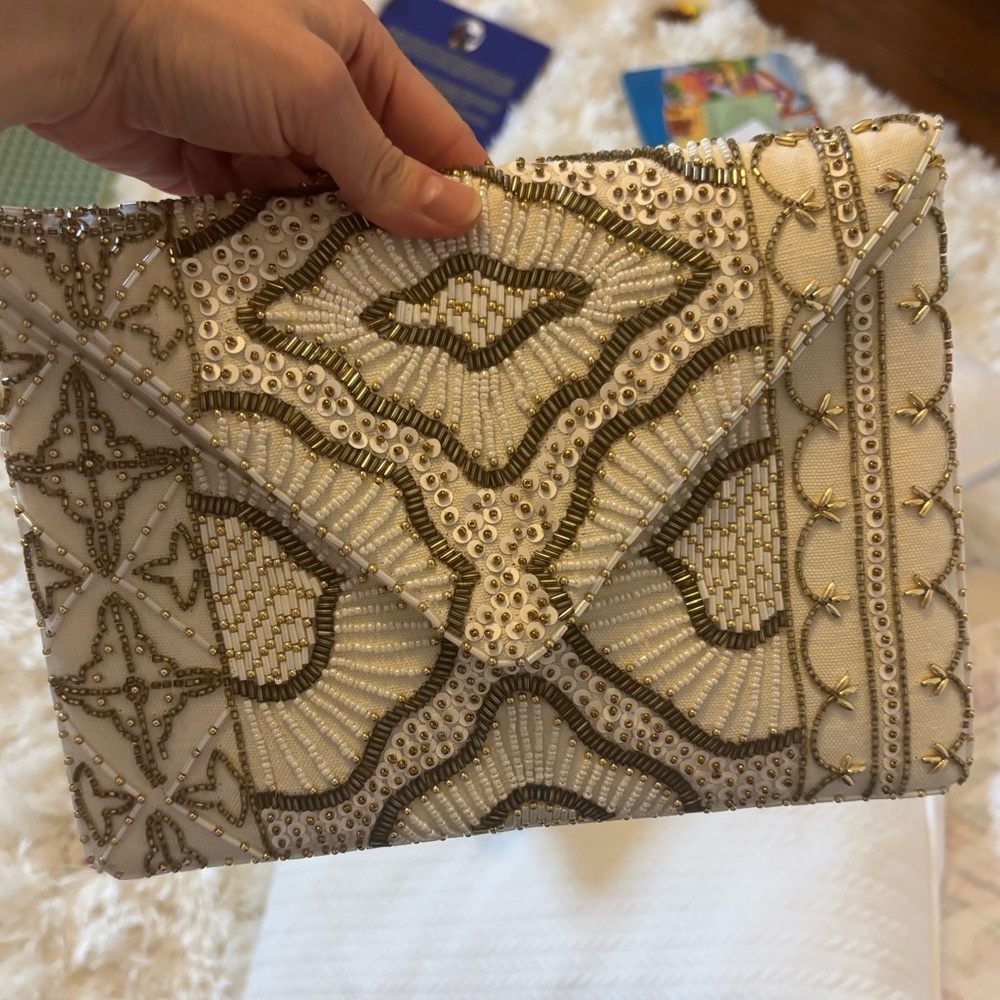 Ivory beaded envelope evening bag on gold chain
